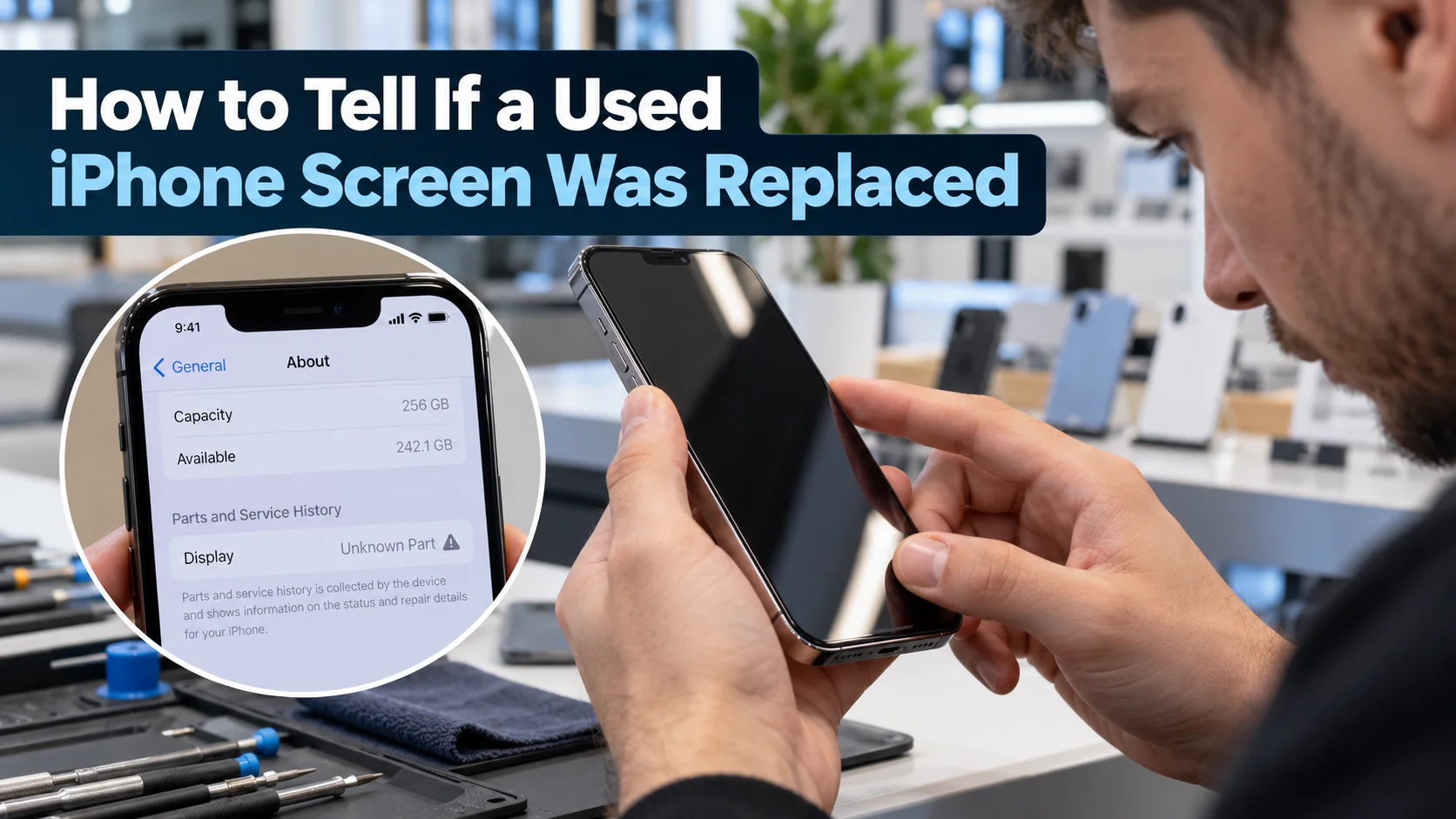 Technician inspecting a used iPhone screen and checking Parts and Service History for signs of screen replacement.